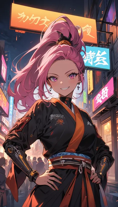 Beauty　smile　ponytail　Reckless attitude　Evil look　tits　warrior　kimono　samurai　knife　cyborg　Neon city at night　Machine City　Cyberpunk　rooftop　stand　Hands on hips