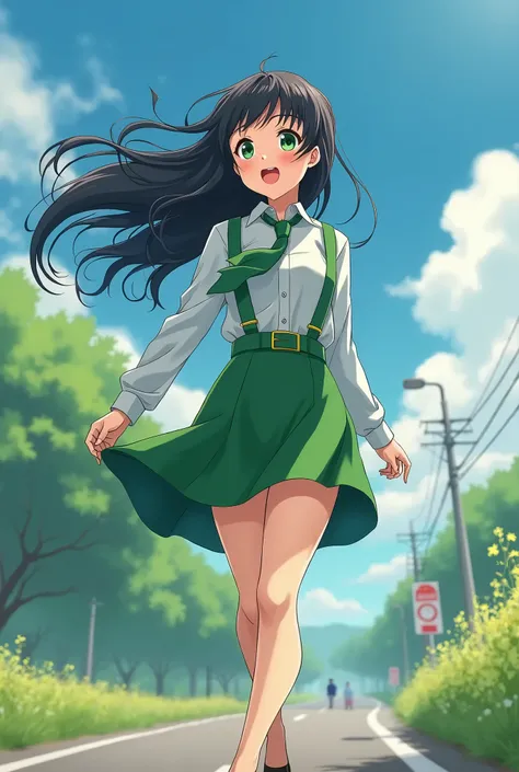 ((Best Quality, 8k, masterpiece: 1.3)),animation,people間の女の子,１people,１peopleで,((Petite,Glamorous Body,Curvy)),cute,Surprised,Blushing,((Her long black hair sways in the strong wind)),Beautiful emerald green eyes,((Long sleeve dress shirt,Green tie,Green mi...