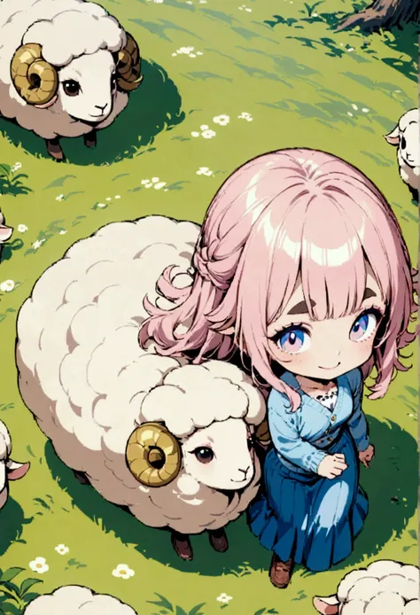 One cute girl,(Best Quality,Extremely detailed depiction,Incredible high resolution,High quality anime drawings),Pink Hair,Fluffy hair,sheep毛のような髪の毛,Detailed eyes,Thick eyebrows,A happy smile,one piece,Pink clothes,Long skirt,Light blue cardigan,Brown shoe...