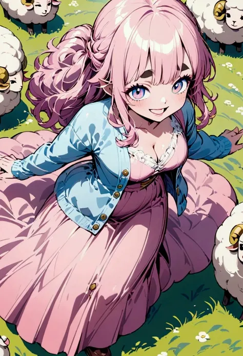 One cute girl,(Best Quality,Extremely detailed depiction,Incredible high resolution,High quality anime drawings),Pink Hair,Fluffy hair,sheep毛のような髪の毛,Detailed eyes,Thick eyebrows,A happy smile,one piece,Pink clothes,Long skirt,Light blue cardigan,Brown shoe...