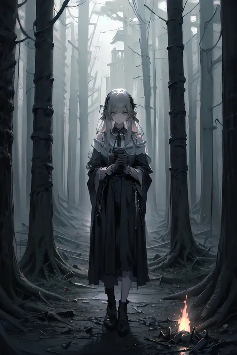 moonlit forest glade, twisted, leafless tree, in the center, a young woman stands in front of a makeshift shrine, her face is in...