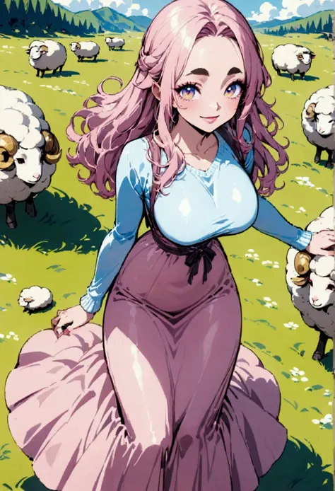 Young beautiful woman,(Best Quality,Extremely detailed depiction,Incredible high resolution,High quality anime drawings),Pink Hair,Fluffy hair,sheep毛のような髪の毛,Detailed eyes,Thick eyebrows,A happy smile,Large Breasts,Glossy lips,one piece,Pink clothes,Long sk...