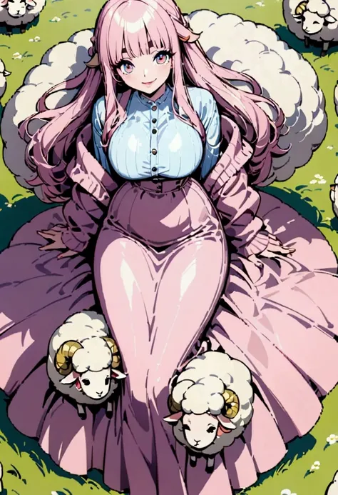 Young beautiful woman,(Best Quality,Extremely detailed depiction,Incredible high resolution,High quality anime drawings),Pink Hair,Fluffy hair,sheep毛のような髪の毛,Detailed eyes,Thick eyebrows,A happy smile,Large Breasts,Glossy lips,one piece,Pink clothes,Long sk...