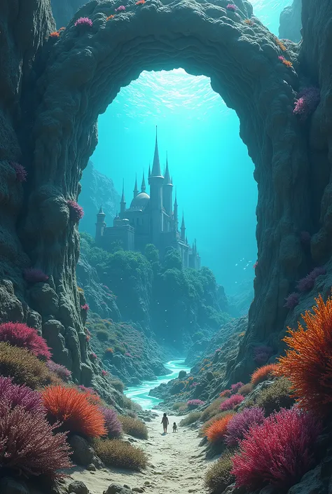 Creates an image of a giant portal within the portal a lush planet with lots of greenery and a beautiful castle and around the portal surrounded by an abundance of colorful corals hyper realistic 8k