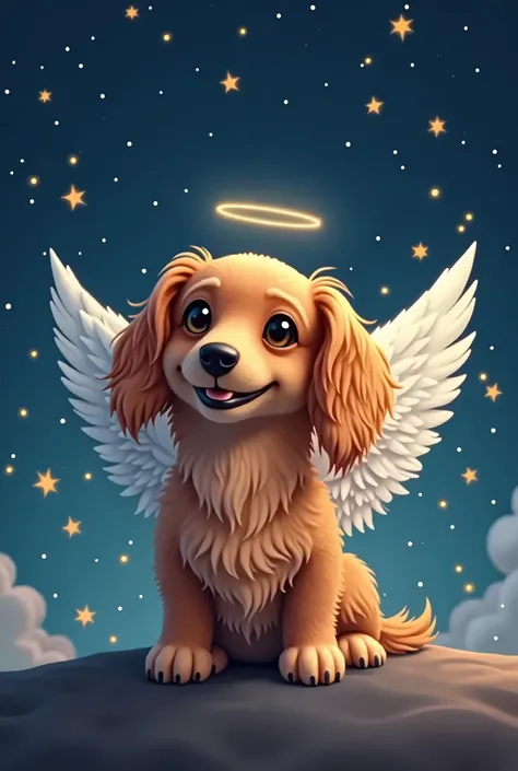 Long-haired miniature dachshund with angel wings。I&#39;m looking at you with a smile。The background is a beautiful starry night sky。