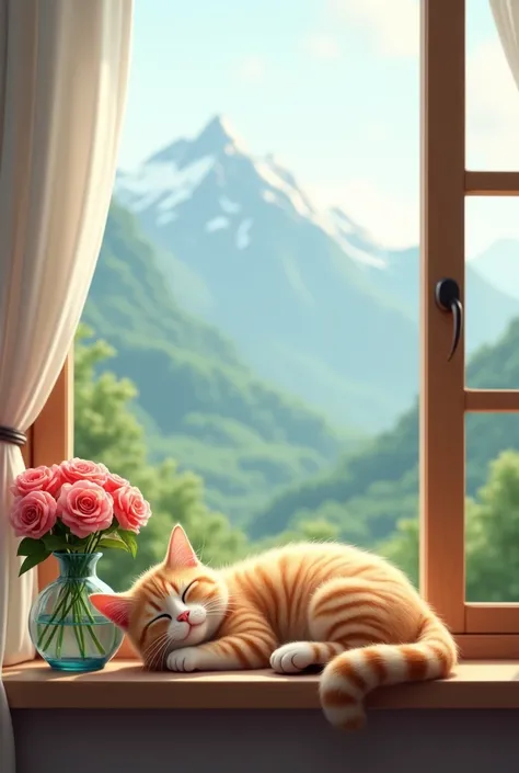 House window sil with a rose flower vase. A cat sleeping on the window sill . Outside of the window view greeny mountain range.