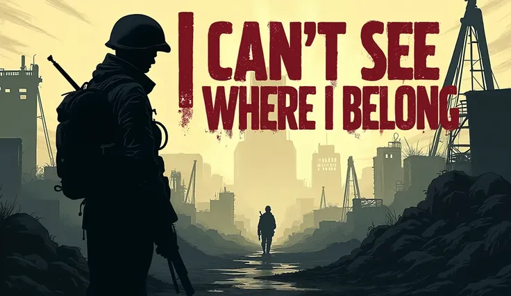 Please create a realistic war dyspopic cartoonish poster-like illustration seen from a soldiers perspective with the following text written on the poster: "I can’t see where I belong". Create a silhouette like theater.