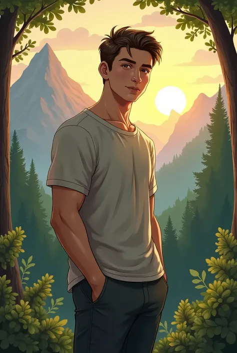 A very handsome boy standing in the forest，Behind it is the mountains，A sun slowly rises tomorrow，Boys are more handsome，A sunny expression，Wear some cool clothes，The clothes are not handsome enough，Be in better shape，Don&#39;t be too serious，Clean and nea...