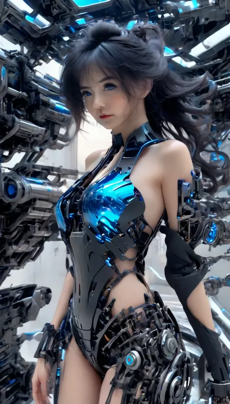 woman, mechanical blue body ，best quality, masterpieceultra hd, 8k,futuristic spaceship interior，サイバーブルースーツを着たwoman，black hair，青...