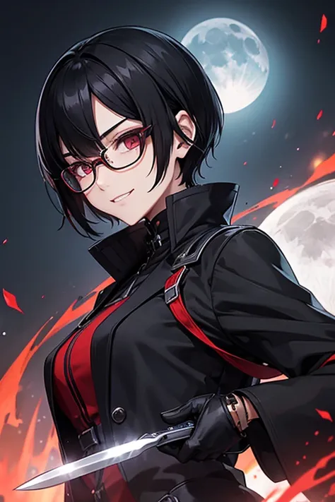 Asymmetrical Shorthair、Black Hair、1 male、10th Generation、knife、Long coat、Black clothes、((Moonscape))、Glasses、Crimson Eyes、evil grin 