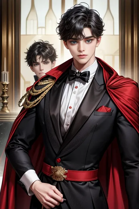 masterpiece, 最high quality, high quality, 1 boy, alone, Male focus, Upper Body,Watching the audience, Messy black hair, Adorable big blue eyes, White, Noble, Noble,A black and red cape that is bursting with sexy volume、Tuxedo、A very voluminous, large, very...