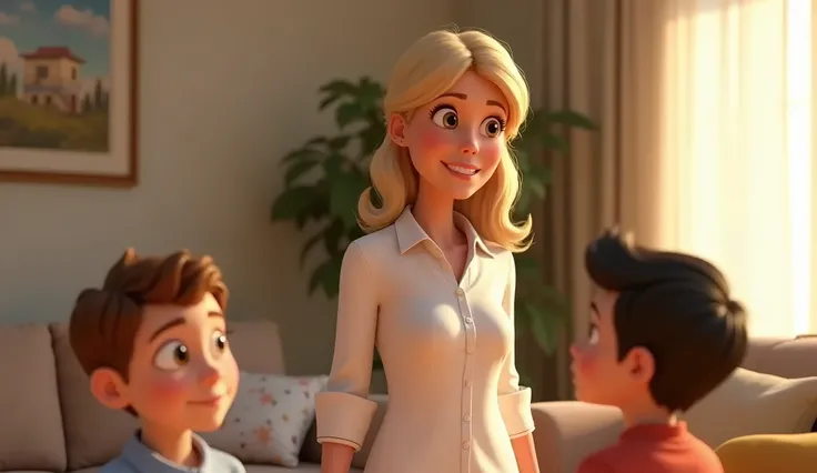 Dans un style de dessin animé 3D genre Pixar, une mère de famille dune quarantaine dannée portant une chemise blanche, des cheveux blonds et un jean bleu surveille ses deux  age dans le salon