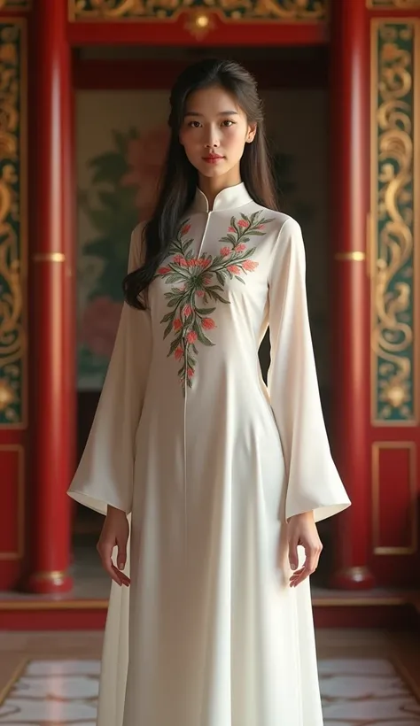 ((Masterpiece)), ((ultra-detailed)), ((8k resolution)), ((cinematic lighting)) A stunning portrait of a young woman wearing a traditional Ao Dai made of thin, flowing silk or cotton fabric. The Ao Dai is a long, body-hugging white dress that drapes beautif...