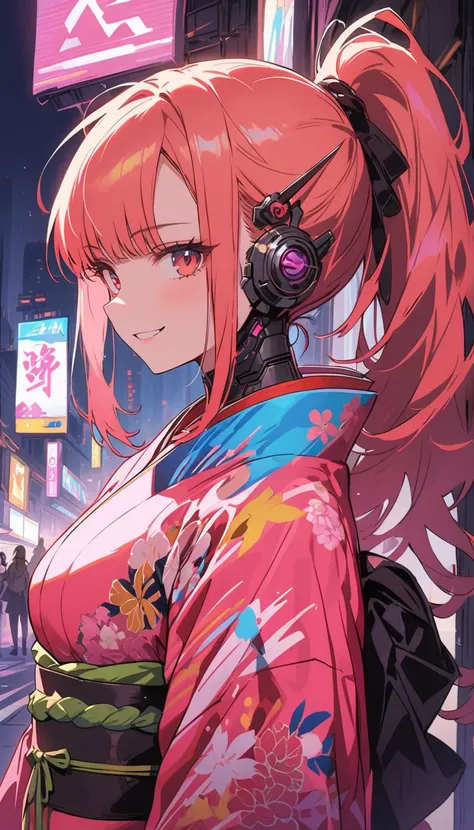 Beauty　smile　ponytail　Reckless attitude　Evil look　tits　warrior　kimono　samurai　Hold the sword　cyborg　Neon city at night　Machine City　Cyberpunk　rooftop　stand