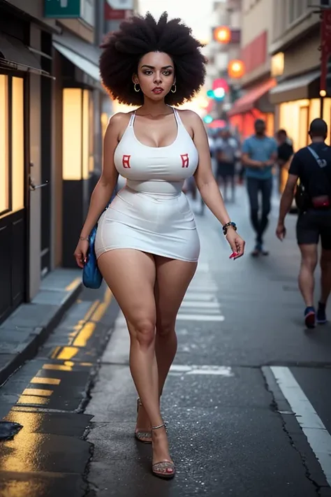 (best quality,ultra-detalhado),sexy woman with big breasts and athletic body walking on a well-lit avenue, red lighting, cabelo afro amarelo e azul