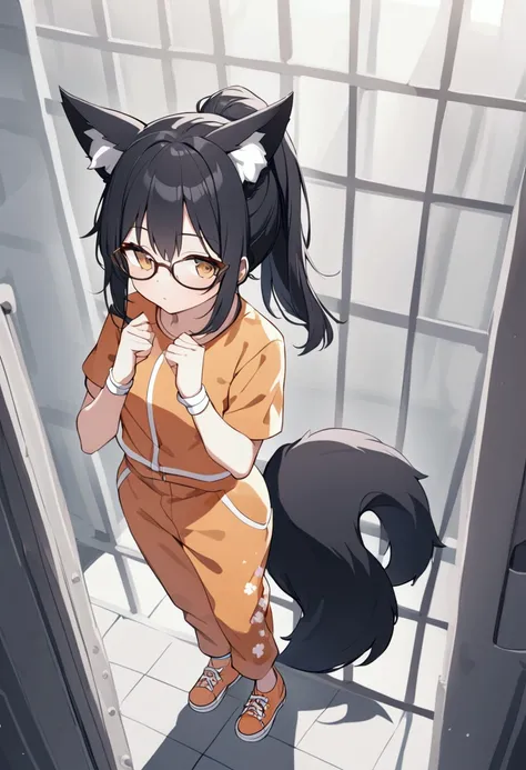 A female prisoner walks through a cell with a book., teenager, Long black hair with a ponytail, Black fox ears, Black fox tail, No human ears, Wear glasses, Floral tattoos on both arms, Orange jumpsuit, Orange laceless sneakers, White wristband, Daytime,