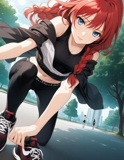 detailed illustration, dynamic angle, ultra-detailed, illustration, 1girl, long red hair, single braid, small tits, blue eyes, standing, park, black leggings, athletic shoes, black sports bra, white loose half-shirt off the shoulders, bare midriff, manga s...