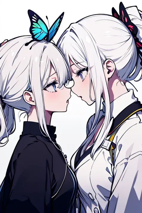 2 girls、Mature、Ample breasts、profile、Face to face、Gazing at each other、Long eyelashes、ponytail、ハイponytail、Curly hair、butterflyのheadphone、Bust-up view、White Hair、Open Mouth、sing、Black Background、headphone、butterfly