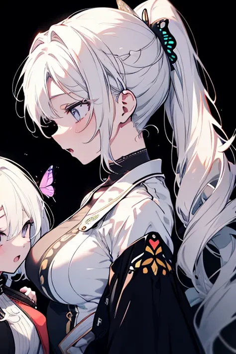 2 girls、Mature、Ample breasts、profile、Face to face、Gazing at each other、Long eyelashes、ponytail、ハイponytail、Curly hair、Butterfly headphones、Bust-up view、White Hair、Open Mouth、sing、Black Background、