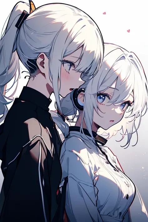 2 girls、Mature、Ample breasts、profile、Face to face、Gazing at each other、Long eyelashes、ponytail、ハイponytail、Curly hair、Butterfly headphones、Bust-up view、White Hair、Open Mouth、sing、Black Background、Same height