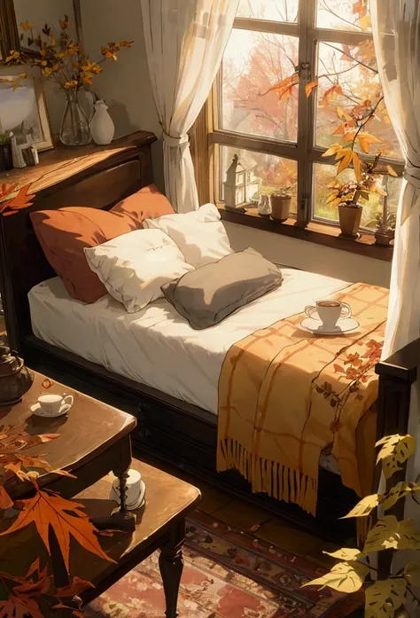 "a cozy bedroom scene during autumn, with sunlight streaming through a large window. outside, the trees are full of vibrant oran...