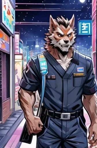 Sci-fi comics drawn on texture、Japan Comics、Japanese Manga、Handsome werewolf、Werewolf goes shopping in a futuristic city、The store clerk is also a werewolf.、