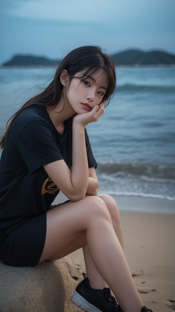 High image quality、Japanese women、Beauty、cute、Brown long hair、Small face、Beautiful skin、Reality Stick、（Black short sleeve T-shirt:1.5）、Glasses、I have nothing、night、coastal、star、melancholy、A melancholic look、