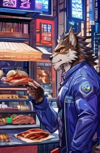 Sci-fi comics drawn on texture、Color Comics、Japanese Manga、Handsome werewolf、A werewolf orders meat in a futuristic city、The store clerk is also a werewolf.、