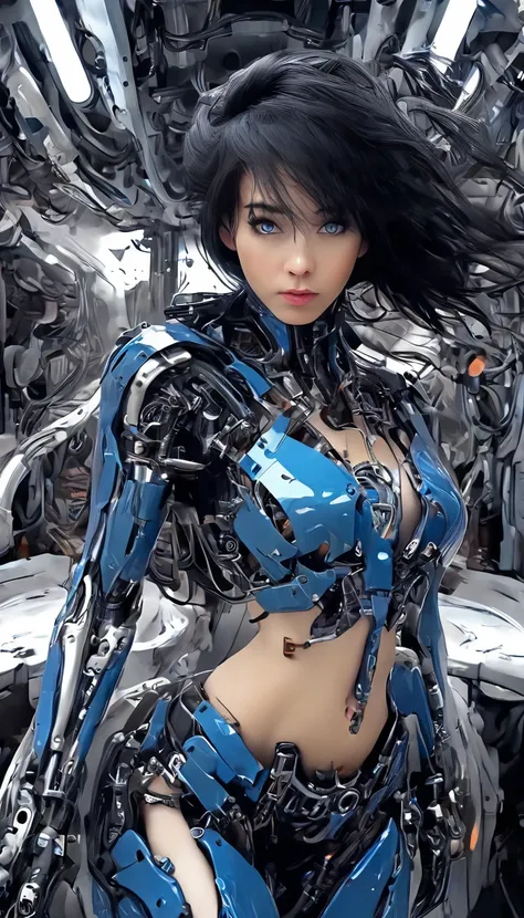 woman, mechanical blue body ，best quality, masterpieceultra hd, 8k,futuristic spaceship interior，サイバーブルースーツを着たwoman，black hair，青...