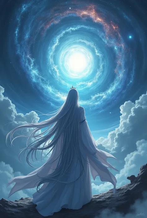 Backview of handsome Xianxia protagonist,long silver hair,and background of infinite planet on outer space ,galaxy swirling and distorted,nebula disintegration