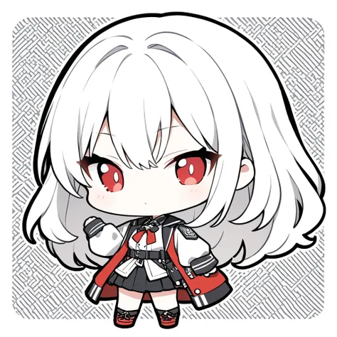 Icon-style illustration、(超High resolution:1.2),(Absurd:1.2),(High resolution:1.2),(Best Quality:1.2),Chibi,Cool girl,Simple pattern for background、Shortcuts、Short Hair、Red eyes、Game、hoodie、Monochrome