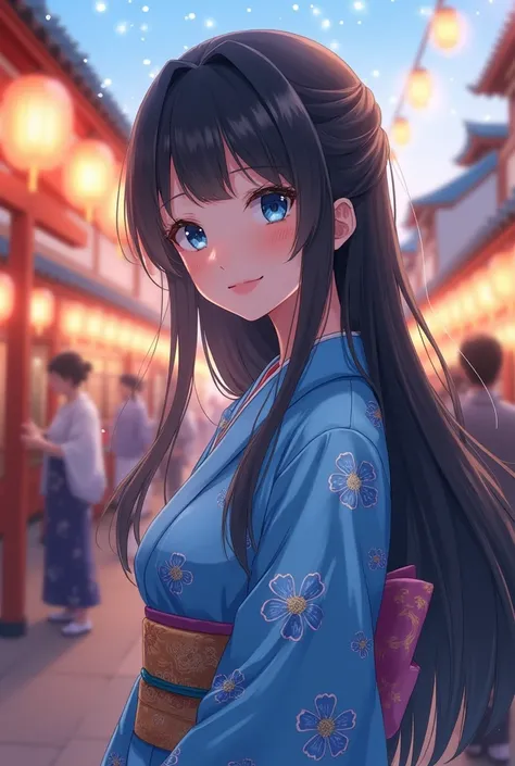 One girl, Long Hair, Black Hair, blue eyes, smile, She is wearing a yukata with blue flowers on it.、Wearing geta、Show me a Japanese festival、Widescreen, Close-up, Background blur, Sparkle Effect, Reflected Light, anime, 