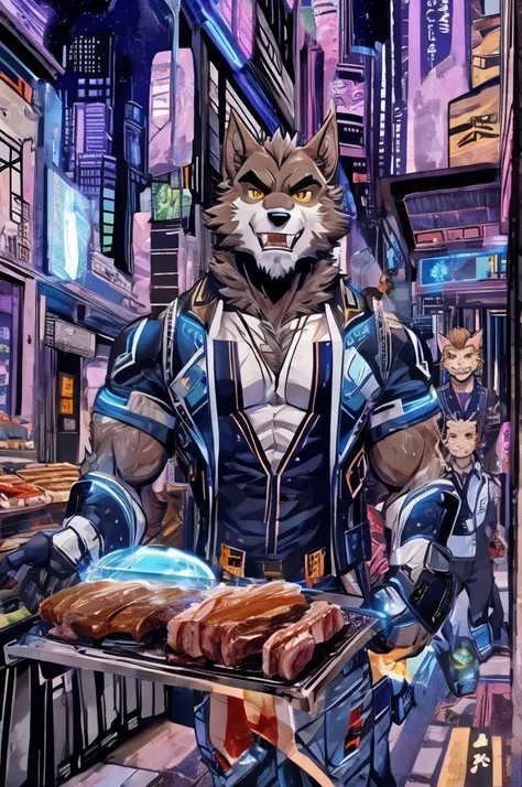 Science fiction cartoon texture drawing、Color Comics、Japanese Manga、Handsome werewolf、A werewolf orders meat in a futuristic city、The store clerk is also a werewolf..、