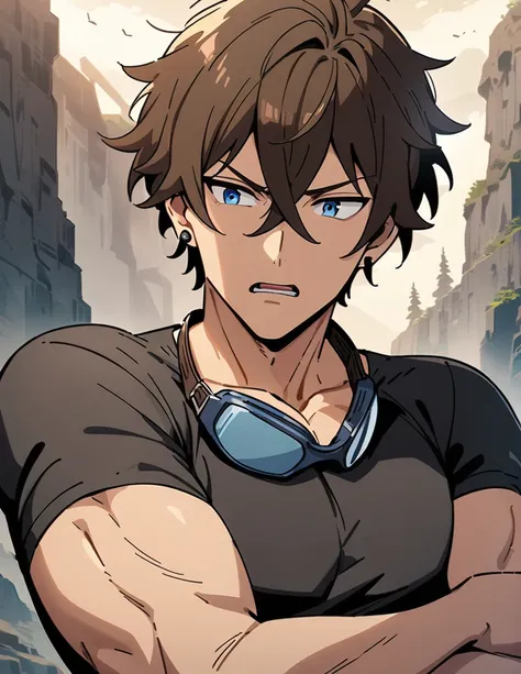 anime, anime style, masterpiece, Best Quality, Very detailed, 1 boy, 28-years-old, (mature:0.8), handsome, very short hair, brown Hair, blue Eyes, Cross bangs, hair between eyes, flight goggles, goggles around neck, v-neck, pectorals, black t-shirt, small ...