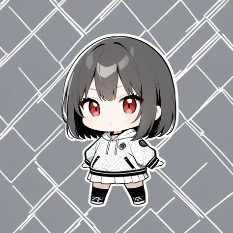 Icon-style illustration、(超High resolution:1.2),(Absurd:1.2),(High resolution:1.2),(Best Quality:1.2),Chibi,Cool girl,Simple pattern for background、Shortcuts、Dark short hair、Red eyes、Game、hoodie、Monochrome