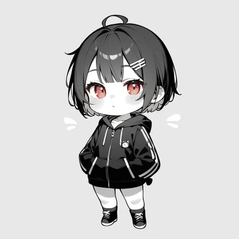 Icon-style illustration、(超High resolution:1.2),(Absurd:1.2),(High resolution:1.2),(Best Quality:1.2),Chibi,Cool girl,Simple pattern for background、Shortcuts、Dark short hair、Red eyes、Game、hoodie、Monochrome