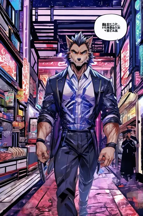 Sci-fi anime texture drawing、Color Comics、Japanese Manga、Handsome werewolf、In the future city、The werewolf orders meat, receives it, and leaves.。、The store clerk is also a werewolf...、