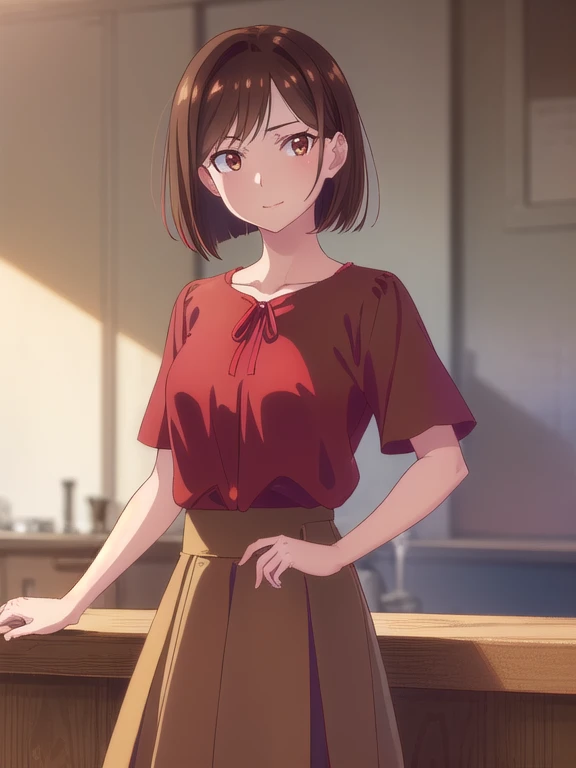 ((red flair skirt,blue satin blouse)), mizuharachizuru, Chizuru Ichinose, solo woman, ((Long Bob:1.5,Shaggy)), bangs, Brown Hair,(Brown eyes:1.5), smile,(Bar counter),looking at viewer, (Cowboy Shot:1.5),(masterpiece:1.2), Best Quality, High resolution, Un...