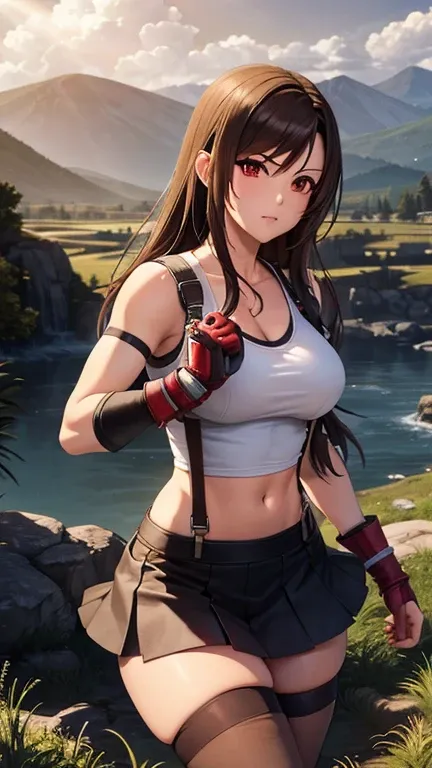 tifa lockhart, wallpaper, landscape, depth of field, night, light particles, light rays, side lighting, thighs, skirt, red eyes, brown hair, thigh high socks, arm sleeves
