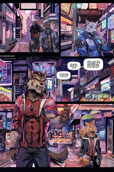 Sci-fi comics drawn on texture、Color Comics、Japanese Manga、Handsome werewolf、A werewolf orders meat in a futuristic city、The store clerk is also a werewolf.、