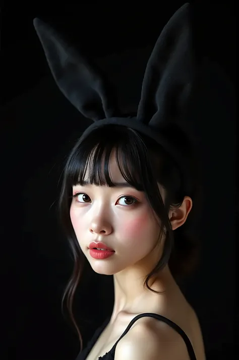 japanese woman, black bunny ears, portrait , (Andy Warhol), black background, 
