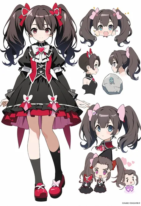 ((tmasterpiece))、((topquality))、((CharacterDesignSheet、same character、sensors、through、Soles))、illustartion、1 girl、11yo、quiff、((cute magical girl rock Vtuber:1.2)), black red outfit with rock designs,gothic lolita, knee-high socks,twintails,(simple backgrou...