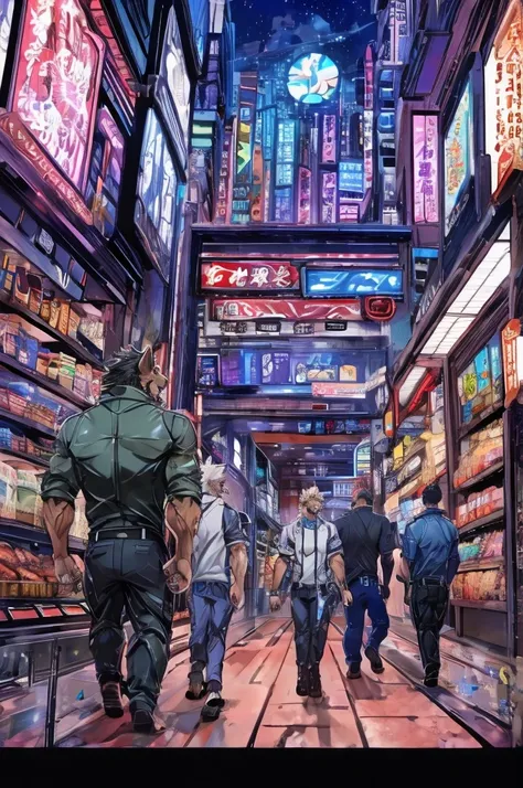 textured science fiction comics、color comics、japanese manga、handsome werewolf、a werewolf orders meat in a futuristic city、the st...