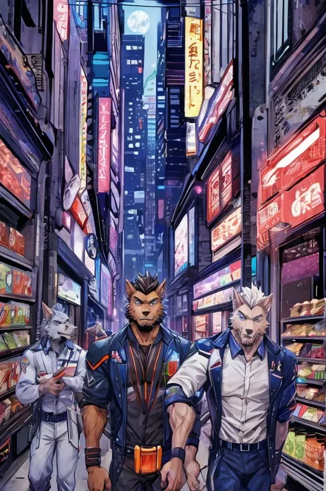 textured science fiction comics、color comics、japanese manga、handsome werewolf、a werewolf orders meat in a futuristic city、the st...