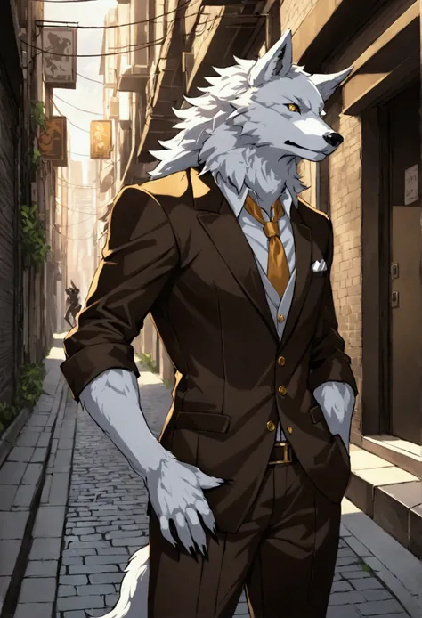 Humanoid male wolf, man, furry, pose, city alley background, golden iris, 