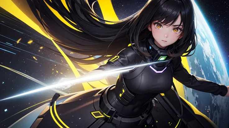 from the future intelligence, background tech, confident look, space black pioneer dress, yellow eyes, dark hair