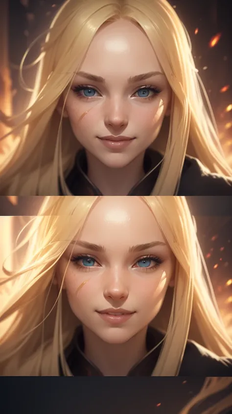 A womans face, long blonde hair, Smile, The sun is red, (digital painting, Concept Art, smooth, sharp focus, Intricate details, Close up, masterpiece: 1.2)