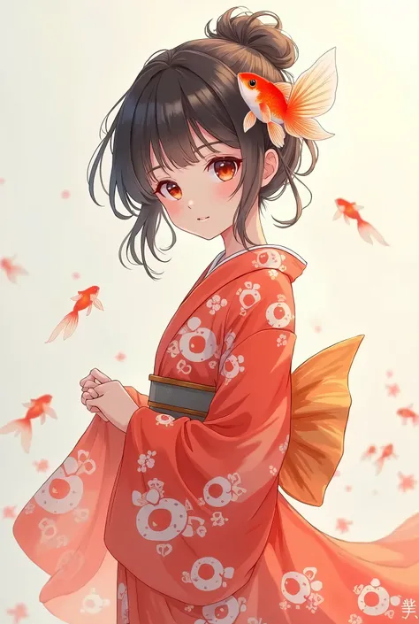 One girl, Japanese Anime、A see-through kimono、Give your kimono a fin-like look、The color of the clothes is red and white with spots like Nishikigoi carp.、Small goldfish hair ornament、Short、Personifying goldfish、whole body、Hakama