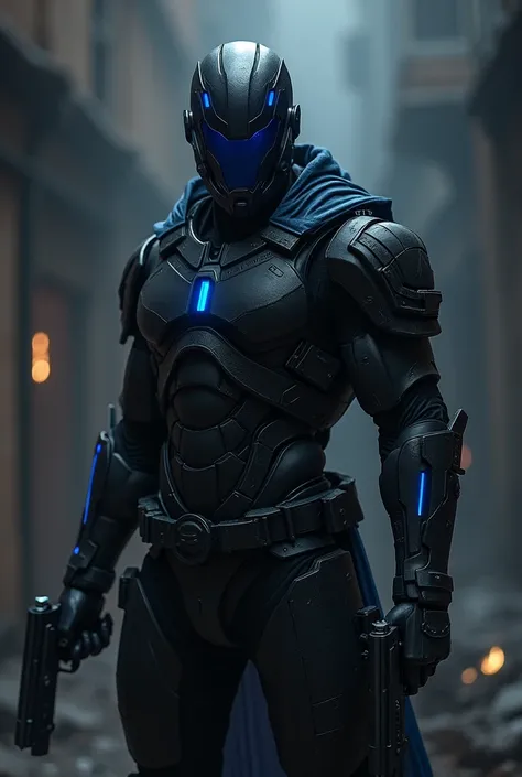 Create an image of a mercenary anti-hero, with black armor with blue details, blue helmet with black visors and carrying two pistols 