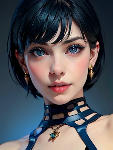 beautiful face, short black hair, bobcut, Big blue eyes, perfect detailed face, full lips posing sexy vampire fangs, 